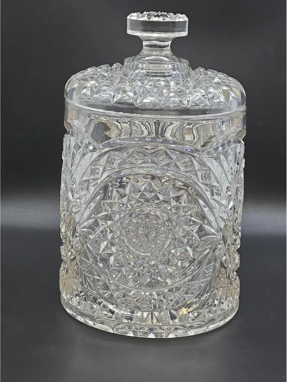 Vintage Imperial Glass Hobstar Roanoke Biscuit Barrel Cracker Jar w/Lid 7.75